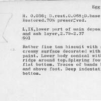 Index card with typed and handwritten information, sometimes including a sketch, of pottery from an excavation.