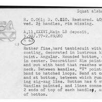 Index card with typed and handwritten information, sometimes including a sketch, of pottery from an excavation.