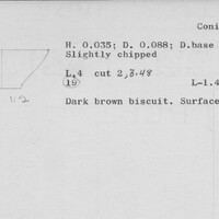 Index card with typed and handwritten information, sometimes including a sketch, of pottery from an excavation.
