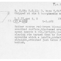 Index card with typed and handwritten information, sometimes including a sketch, of pottery from an excavation.