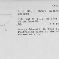 Index card with typed and handwritten information, sometimes including a sketch, of pottery from an excavation.