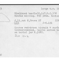 Index card with typed and handwritten information, sometimes including a sketch, of pottery from an excavation.