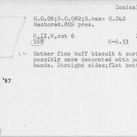 Index card with typed and handwritten information, sometimes including a sketch, of pottery from an excavation.