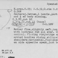 Index card with typed and handwritten information, sometimes including a sketch, of pottery from an excavation.