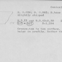 Index card with typed and handwritten information, sometimes including a sketch, of pottery from an excavation.
