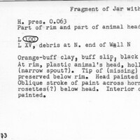Index card with typed and handwritten information, sometimes including a sketch, of pottery from an excavation.