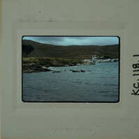 A vintage photograph of a coastal scene with houses, boats, and a body of water.