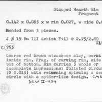 Index card with typed and handwritten information, sometimes including a sketch, of pottery from an excavation.