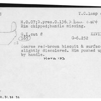 Index card with typed and handwritten information, sometimes including a sketch, of pottery from an excavation.