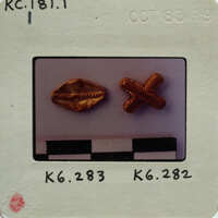 Two small gold-colored objects on a white surface with measurements and labels.