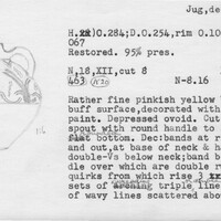 Index card with typed and handwritten information, sometimes including a sketch, of pottery from an excavation.