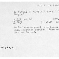 Index card with typed and handwritten information, sometimes including a sketch, of pottery from an excavation.