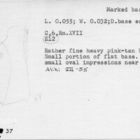 Index card with typed and handwritten information, sometimes including a sketch, of pottery from an excavation.