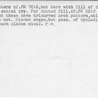 Index card with typed and handwritten information, sometimes including a sketch, of pottery from an excavation.