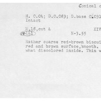 Index card with typed and handwritten information, sometimes including a sketch, of pottery from an excavation.