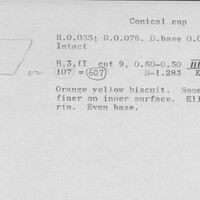 Index card with typed and handwritten information, sometimes including a sketch, of pottery from an excavation.
