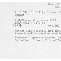 Index card with typed and handwritten information, sometimes including a sketch, of pottery from an excavation.