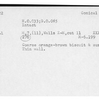 Index card with typed and handwritten information, sometimes including a sketch, of pottery from an excavation.