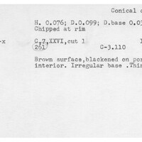 Index card with typed and handwritten information, sometimes including a sketch, of pottery from an excavation.