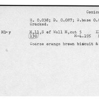 Index card with typed and handwritten information, sometimes including a sketch, of pottery from an excavation.