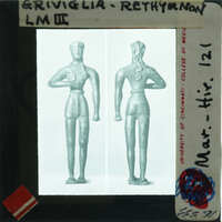 Black and white image of a figurine with two different views, front and back, on a museum card.