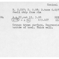 Index card with typed and handwritten information, sometimes including a sketch, of pottery from an excavation.
