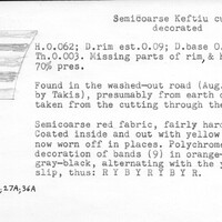 Index card with typed and handwritten information, sometimes including a sketch, of pottery from an excavation.
