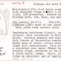 Index card with typed and handwritten information, sometimes including a sketch, of pottery from an excavation.