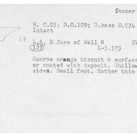 Index card with typed and handwritten information, sometimes including a sketch, of pottery from an excavation.