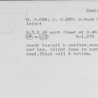 Index card with typed and handwritten information, sometimes including a sketch, of pottery from an excavation.
