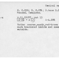 Index card with typed and handwritten information, sometimes including a sketch, of pottery from an excavation.