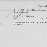 Index card with typed and handwritten information, sometimes including a sketch, of pottery from an excavation.
