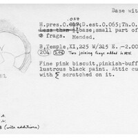 Index card with typed and handwritten information, sometimes including a sketch, of pottery from an excavation.