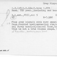Index card with typed and handwritten information, sometimes including a sketch, of pottery from an excavation.