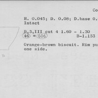 Index card with typed and handwritten information, sometimes including a sketch, of pottery from an excavation.