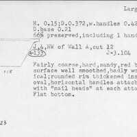 Index card with typed and handwritten information, sometimes including a sketch, of pottery from an excavation.