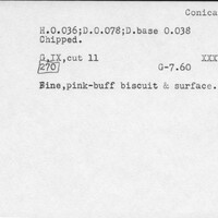 Index card with typed and handwritten information, sometimes including a sketch, of pottery from an excavation.