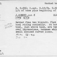 Index card with typed and handwritten information, sometimes including a sketch, of pottery from an excavation.