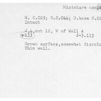 Index card with typed and handwritten information, sometimes including a sketch, of pottery from an excavation.