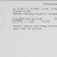 Index card with typed and handwritten information, sometimes including a sketch, of pottery from an excavation.