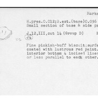 Index card with typed and handwritten information, sometimes including a sketch, of pottery from an excavation.