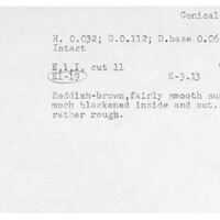 Index card with typed and handwritten information, sometimes including a sketch, of pottery from an excavation.