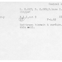 Index card with typed and handwritten information, sometimes including a sketch, of pottery from an excavation.