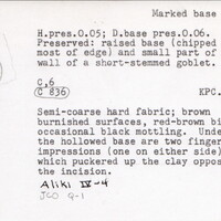Index card with typed and handwritten information, sometimes including a sketch, of pottery from an excavation.