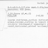 Index card with typed and handwritten information, sometimes including a sketch, of pottery from an excavation.