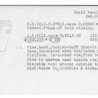 Index card with typed and handwritten information, sometimes including a sketch, of pottery from an excavation.
