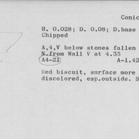 Index card with typed and handwritten information, sometimes including a sketch, of pottery from an excavation.