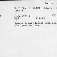 Index card with typed and handwritten information, sometimes including a sketch, of pottery from an excavation.