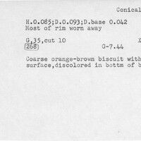 Index card with typed and handwritten information, sometimes including a sketch, of pottery from an excavation.