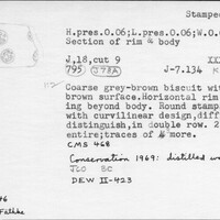Index card with typed and handwritten information, sometimes including a sketch, of pottery from an excavation.